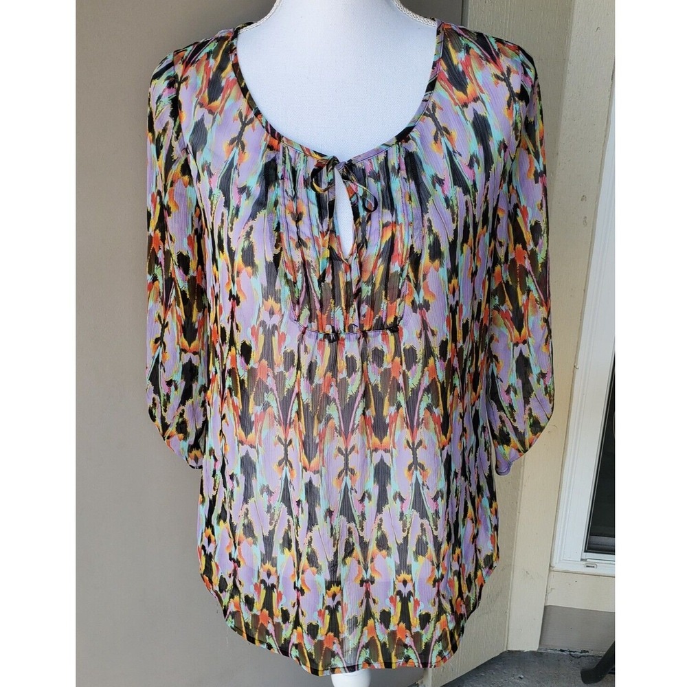 Express‎ Blouse Women Small Purple Abstract Sheer Roll Tab Sleeve Top